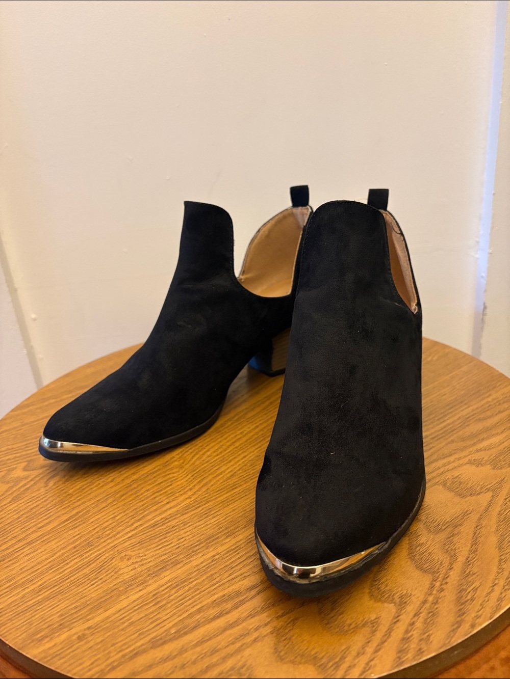 Qupid Black Suede Ankle Booties with Metallic Toe